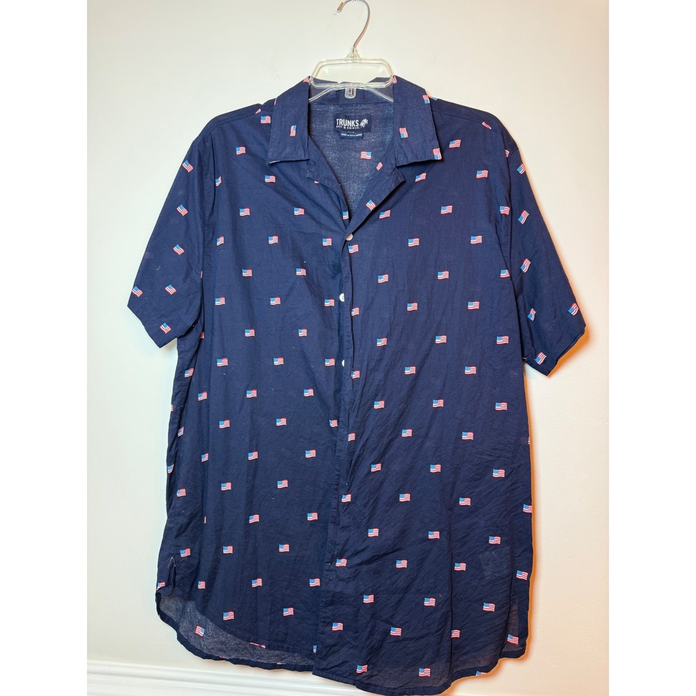 Trunks Surf & Swim Co Mens Navy American Flag Short Sleeve Button Down Shirt L